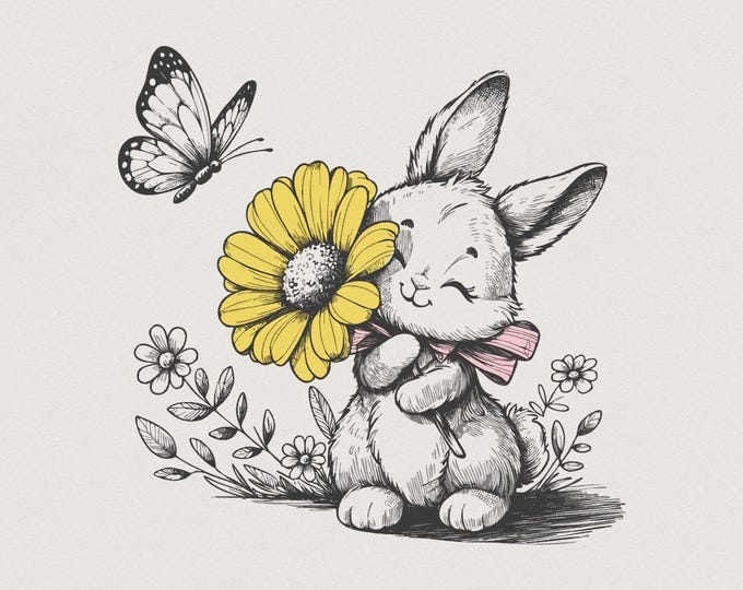 Bunny png File, Butterfly png Design, Rabbit Clipart PNG, Floral Bunny, Clipart, Rabbit Silhouette, Baby Animal, Butterfly