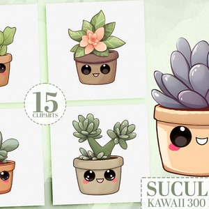 Kawaii Succulent Clipart Bundle, 20 Cute Plants PNG, Watercolor Classroom Decor, Kawaii Stickers, Cute Graphics, Commercial Use