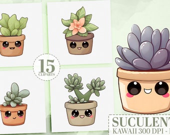 Kawaii Succulent Clipart Bundle, 20 Cute Plants PNG, Watercolor Classroom Decor, Kawaii Stickers, Cute Graphics, Commercial Use