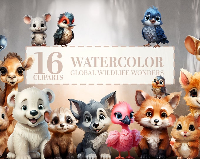 16 Wonderland Baby Animals Clipart Bundle, Unique Wildlife Nursery Wall Art PNGs, Watercolor Baby Shower Graphics, Forest to Polar
