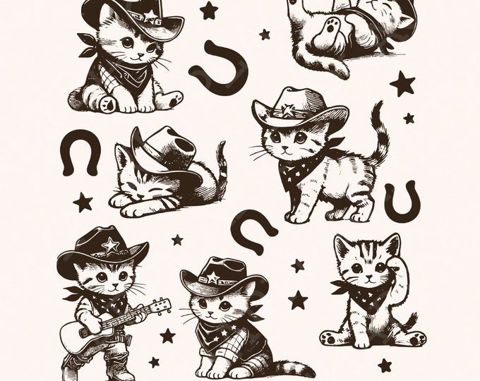Vintage Cowboy Cats and Kittens Western Cowboy Cowgirl Desert Style PNG, Retro Cowboy Cat png, Cute Cowboy Cat, Nostalgic Gift