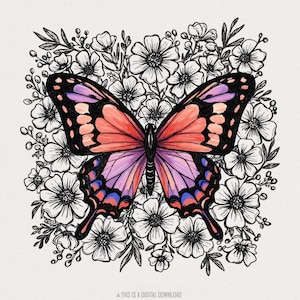 Papillon coloré Floral PNG, Illustration de papillon botanique, clipart graphique fleur vintage, Art de jardin lunatique, impression de la Nature