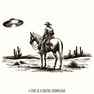 Cowboy und UFO PNG, Vintage Western digitaler Download, Sci-Fi Western Design, Alien Begegnung, einzigartiges Geschenk, Schwarz und Weiß Kunst, Wüstenszene