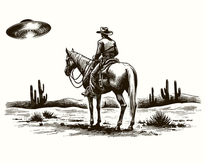Cowboy and UFO PNG, Vintage Western Digital Download, Sci-Fi Western Design, Alien Encounter, Unique Gift, Black and White Art, Desert Scene