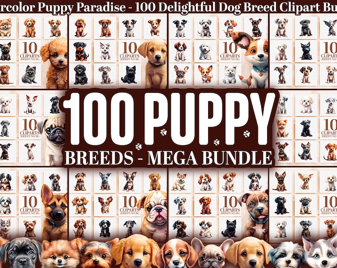 100 Cute Dog Breeds Clipart Bundle, Watercolor Puppy PNG, Pet Portraits, Puppy Party, Dog Lover, Sublimation Files Download, Commercial Use