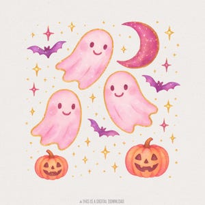 Pastel schattig spook PNG, pompoen PNG, pastel Halloween PNG-ontwerp, kawaii spook clipart, roze spook, vleermuis, Jack O Lantern, spookachtige vleermuizen, digitaal