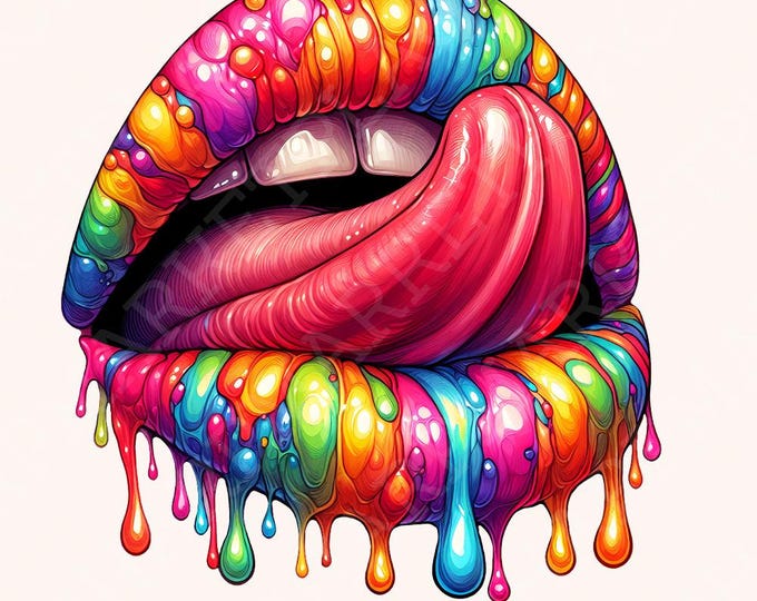 Rainbow Lips PNG, Dripping Lip clipart, Digital Download, Colorful PNG, Rainbow Lips Sublimation, kiss lips dtf design, Colors Oozing