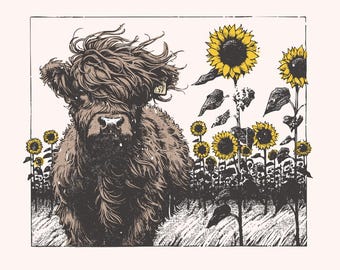Highland Cow Sunflower PNG, Cow Clipart, Sublimation Design, Farm Animal Image, Highland Cow Vector, Cute Animal Art, Sunflower Clipart