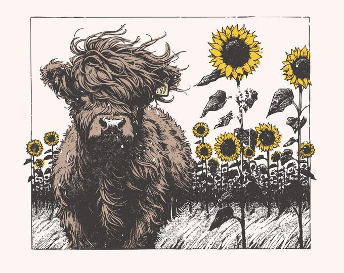 Highland Cow Sunflower PNG, Cow Clipart, Sublimation Design, Farm Animal Image, Highland Cow Vector, Cute Animal Art, Sunflower Clipart