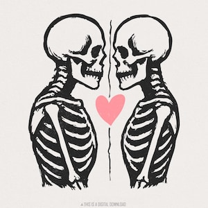 Skeletliefhebbers png, Valentijn skeletkunst, romantische gotische png – skeletpaar met hart, digitale download, gotische liefde png-afdruk