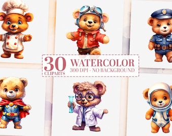 Ultimate Watercolor Teddy Bear Career Clipart Bundle - 30 Adorable Teddy Bears, Various Professions, PNGs, Inspiring Kid's Future Dreams