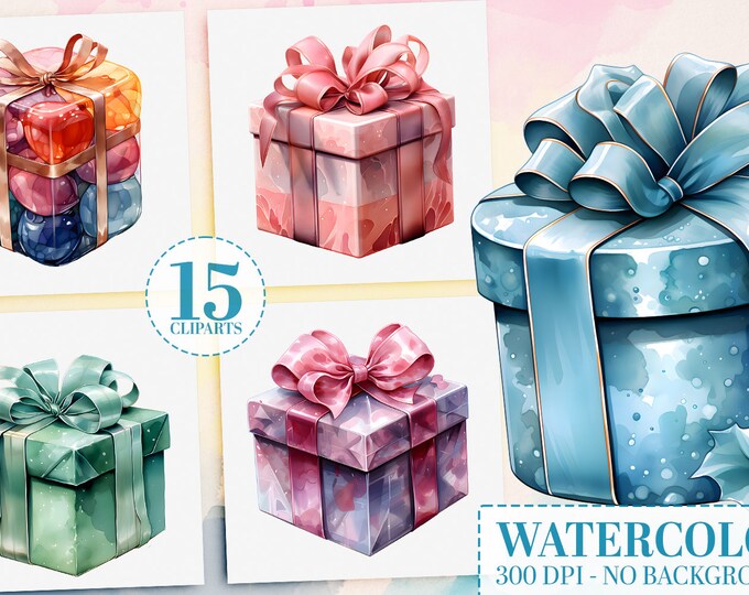 Watercolor Gift Box Clipart - 15 Birthday & Christmas Presents PNG, Festive Gifts Clip Art, Wrapped Box Images, Digital Party Holiday