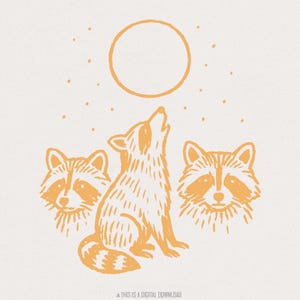 Trio de raton laveur PNG Clipart hurlant à la lune, téléchargement d'art mignon animal de la forêt PNG, raton laveur des bois vintage imprimable, clipart animaux sauvages Boho