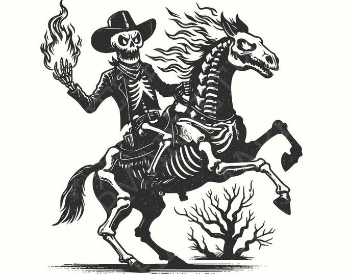 Skeleton Cowboy on Horse PNG, Western Gothic Art, Spooky Skeleton Rider Clipart, Dark Cowboy Illustration, Transparent Digital Download