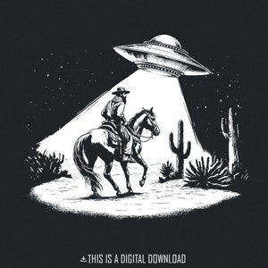 Cowboy und UFO PNG, Vintage Western digitaler Download, Sci-Fi Western Design, Alien Begegnung, einzigartiges Geschenk, Schwarz und Weiß Kunst, Wüstenszene