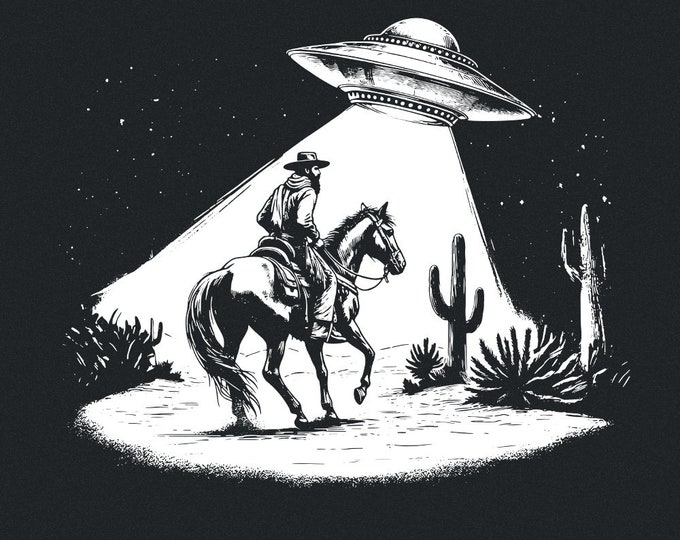 Cowboy and UFO PNG, Vintage Western Digital Download, Sci-Fi Western Design, Alien Encounter, Unique Gift, Black and White Art, Desert Scene