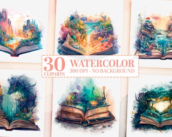 30 Watercolor Vintage & Fantasy Book Clipart Bundle, PNG Old Books, Magical Book, Fairytale, Library, Reading, Bookstore, Commercial Use