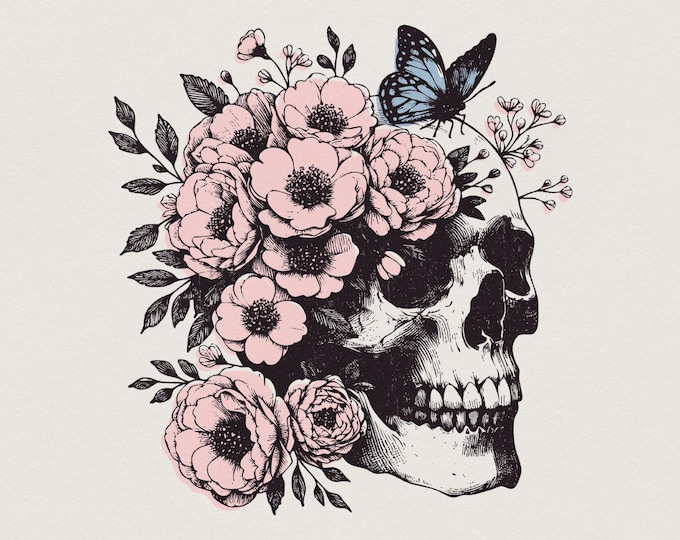 Floral Skull Clipart PNG, Skull Sublimation Art, Skeleton png, Floral Skull png, Skull with Roses, Digital Download, Skull Art