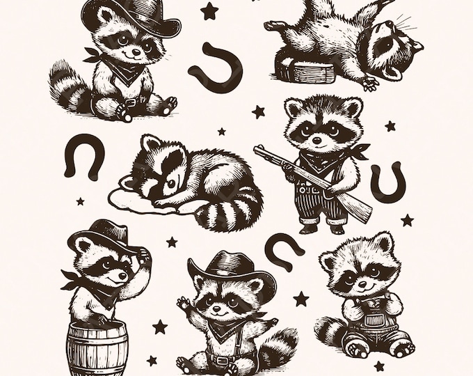 Vintage Cowboy Raccoon Western Cowboy Cowgirl Desert Style PNG, Retro Cowboy Raccoon png, Cute Cowboy Baby Raccoon, Nostalgic Gift
