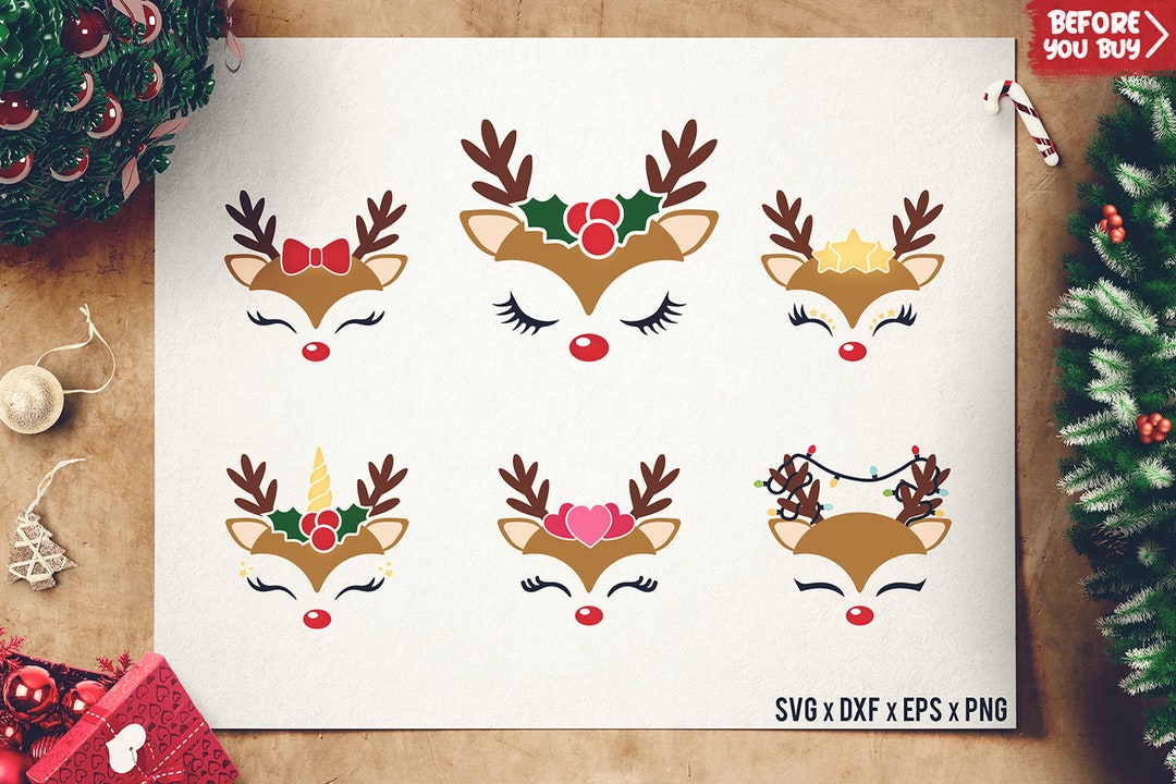 Reindeer Faces SVG Bundle - Christmas Reindeer SVG - Cute Deer Face Cut ...