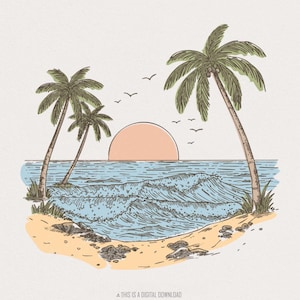 Tramonto sulla spiaggia tropicale PNG, illustrazione di vista sull'oceano con palme, scena estiva rilassante Clipart, paesaggio dell'isola vintage Arte grafica