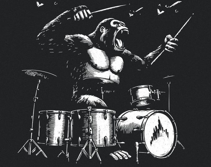 Gorilla Playing Drums, Funny Drum PNG, Digital Download, Drummer Gift, Cool T-Shirts, Music Print, Home Decor, Vintage Rock Shirt