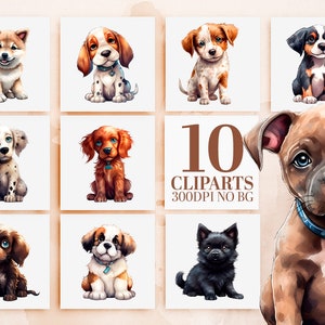 Adorable Watercolor Puppy Clipart Bundle - 10 Cute Dog Breeds, PNG Files, Sublimation, Printable Art, Commercial Use, Instant Download