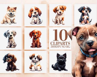 Adorable Watercolor Puppy Clipart Bundle - 10 Cute Dog Breeds, PNG Files, Sublimation, Printable Art, Commercial Use, Instant Download