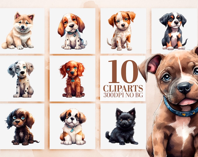 Adorable Watercolor Puppy Clipart Bundle - 10 Cute Dog Breeds, PNG Files, Sublimation, Printable Art, Commercial Use, Instant Download