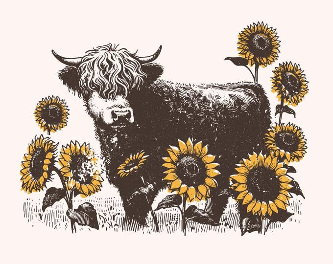 Highland Cow PNG Sunflowers Clipart, Farm Animal Sublimation Design, Cow with Flowers, Cute Animals, Clip Art, Highland Cow