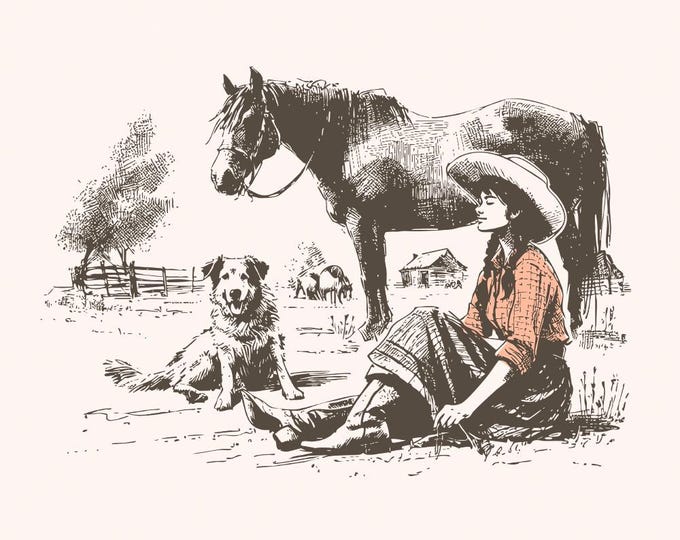 Retro Cowgirl PNG, Western Wild West Digital Download, Cowboy Dog Vintage Farmhouse Design, Country Style Sublimation, Rustic Boho