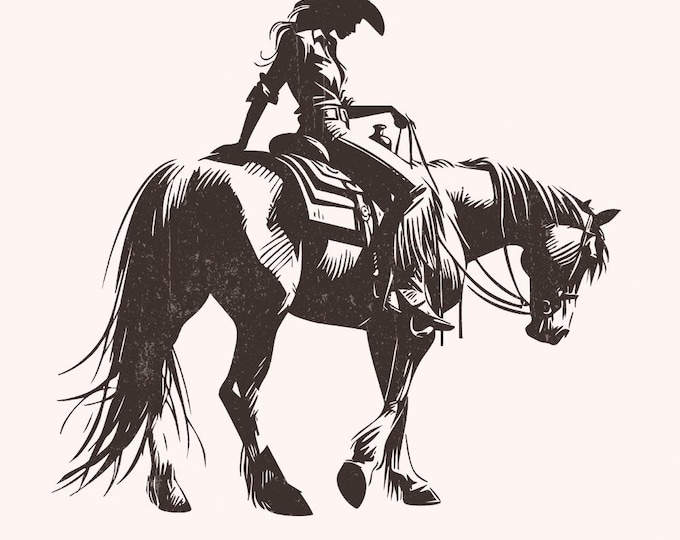 Cowgirl Sketch on Horseback PNG, Abstract Western Illustration, Stylized Cowboy Rider Art, Modern Line Art, Minimalist Horse Rider PNG