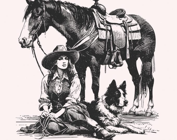 Retro Cowgirl Dog PNG, Western Wild West Digital Download, Cowboy Dog Vintage Farmhouse Design, Country Style Sublimation, Rustic Boho