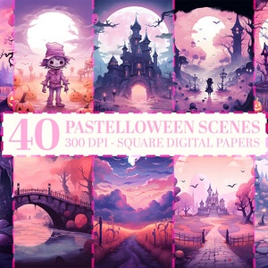 40 Pastelloween Landscape Digital Halloween Papers: Watercolor Haunted Houses, Enchanted Forest Scenes, Spooky Journal Pages, Pink & Purple