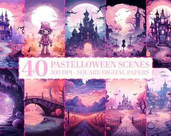 40 Pastelloween Landscape Digital Halloween Papers: Watercolor Haunted Houses, Enchanted Forest Scenes, Spooky Journal Pages, Pink & Purple