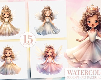 Watercolor Fairy Tale Princesses, 15 Cute Fairies PNG Bundle, Nursery, Birthday Party & Invitation Card Clipart, Sticker, Commercial Use