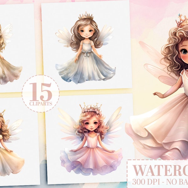 Watercolor Fairy Tale Princesses, 15 Cute Fairies PNG Bundle, Nursery, Birthday Party & Invitation Card Clipart, Sticker, Commercial Use