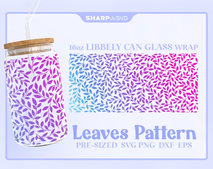 Leaves Pattern Can Glass Wrap SVG • 16oz Glass Beer Can Cutfile • Can Template • digital files dxf eps png • Cricut • Silhouette