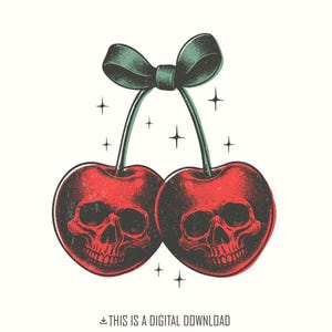 Schedelkersen png, trendy retro halloween, vintage schedelfruit digitale kunst, coquette kersen, spookachtige kers png, gotisch halloween-ontwerp