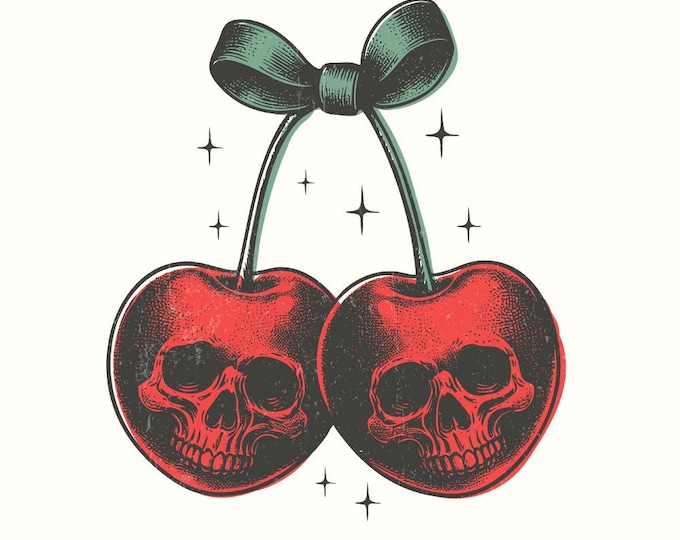 Skull Cherries PNG, Trendy Retro Halloween, Vintage Skull Fruit Digital Art, Coquette Cherries, Spooky Cherry PNG, Gothic Halloween Design