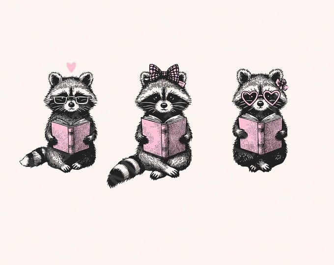 Book Lover PNG, Reading Raccoon PNG, Funny Bookish png, Retro Reading, Booktrovert Gift PNG, Book Shirts, Sublimation Design, Smut Reader