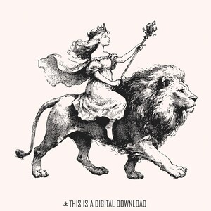Illustrazione d'epoca di una regina che cavalca un leone - Opera d'arte regale, disegno in bianco e nero, design fantasy reale, grafica di animali mitologici