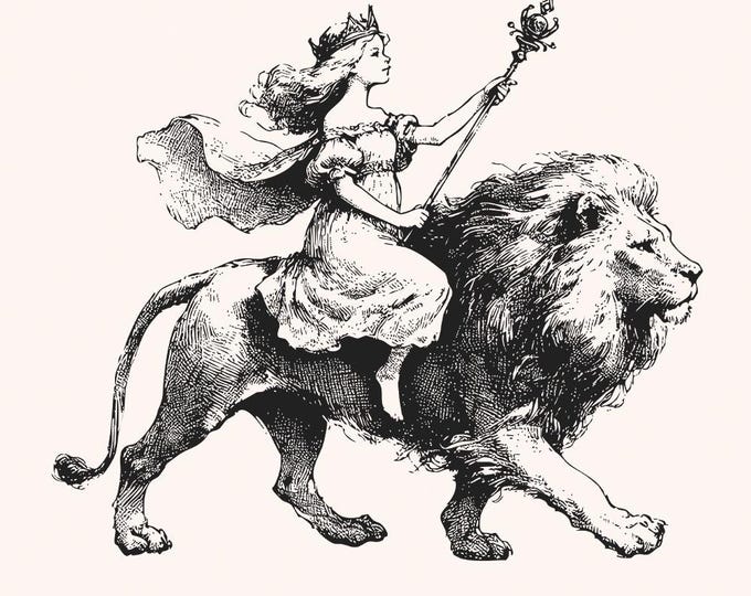 Vintage Queen Riding Lion Illustration - Regal Artwork, Black and White Line Drawing, Royal Fantasy Design, Mythical Animal Graphic