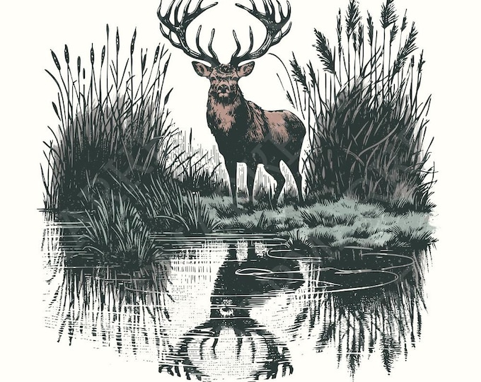 Deer Sublimation Design, Hunting PNG, Vintage Deer Art, Nature Camping Wildlife, Deer at Lake Image, Retro Deer, Buck PNG