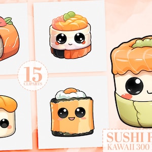 15 Kawaii Sushi Clipart Bundle, süße japanische Lebensmittel Grafiken, süße Essen Aufkleber, Planer Clipart, Sofort Download für DIY, Aufkleber und Zubehör
