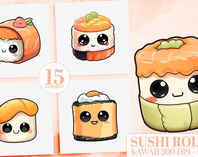 15 Kawaii Sushi Clipart Bundle, Cute Japanese Food Graphics, Cute Food Stickers, Planner Clipart, Instant Download for DIY, Sticker Supplies