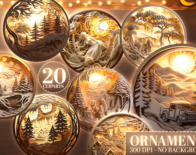 20 Glowing 3D Christmas Ornament PNGs, Festive Round Sublimation Clipart, DIY Xmas Tree Decor, Santa & Nativity Scene, Instant Download