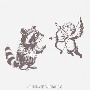Ilustración caprichosa de un mapache y un cupido, travesuras angelicales juguetonas, estilo de dibujos animados vintage, linda criatura del bosque con Cupido