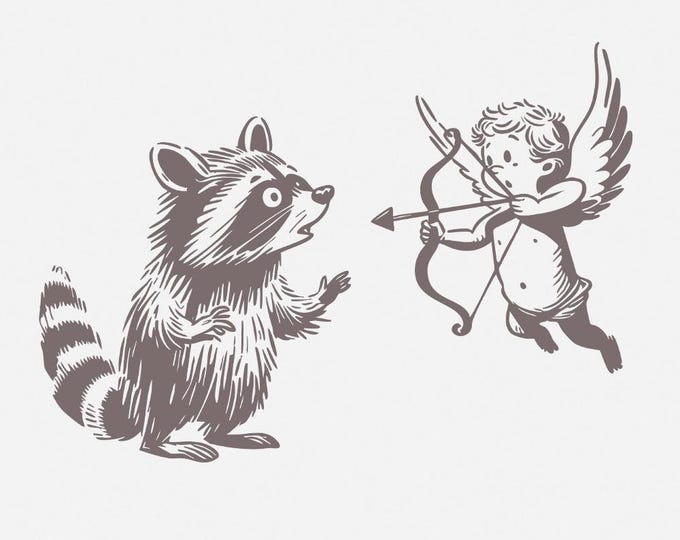 Whimsical Raccoon and Cupid Illustration, Playful Angelic Mischief, Vintage Cartoon Style, Cute Woodland Creature with Cupid