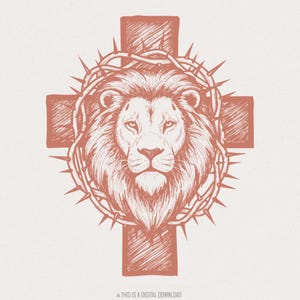 Cross Lion PNG, leeuw van Juda doornenkroon illustratie, inspirerende religieuze kunst voor shirts, spiritueel op geloof gebaseerd ontwerp